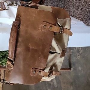 Vintage Khaki Canvas & Brown Cowhide Leather Messenger Bag